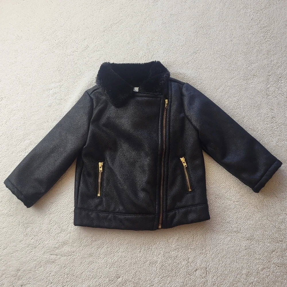 OshKosh Toddler Faux Leather Faux Fur Black Moto Style Jacket Size 18 Months